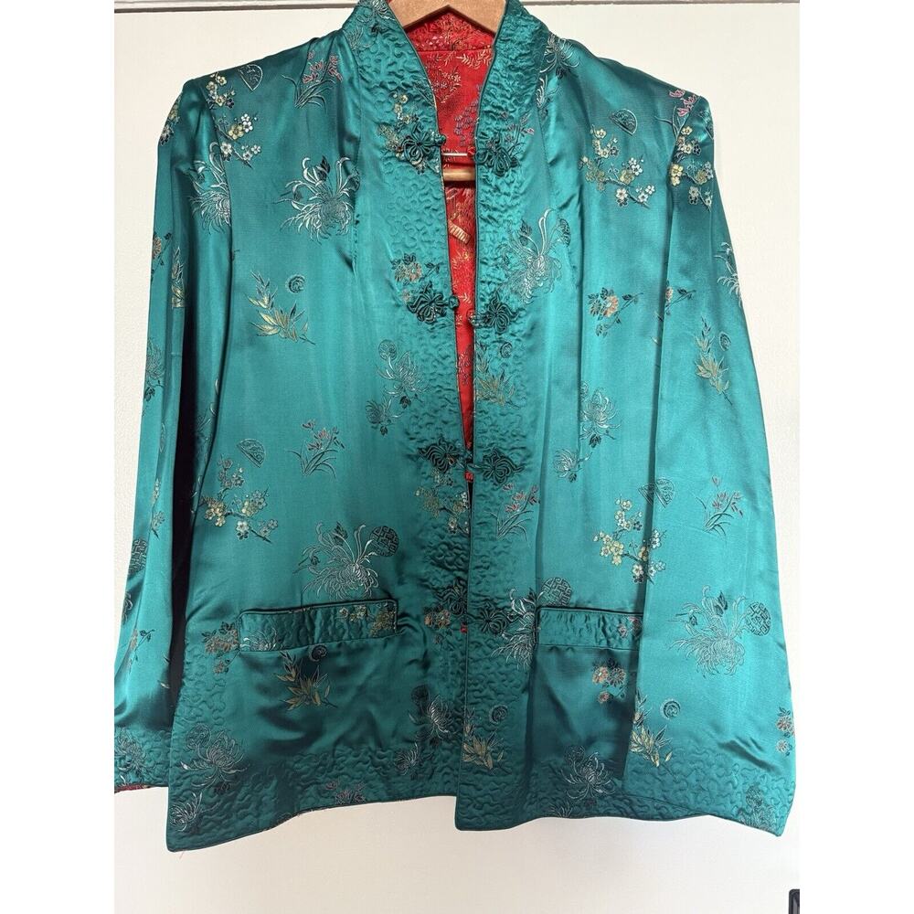 Peony Brand Retro Vintage Green red reversible 70’s 80’s. silk jacket Size 38